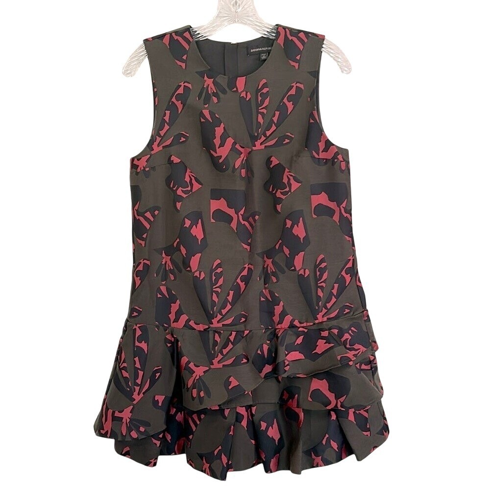 Banana Republic Jacquard Mini‎ Ruffle Dress Women's 4P Olive Green Preppy Modern - Picture 4 of 9